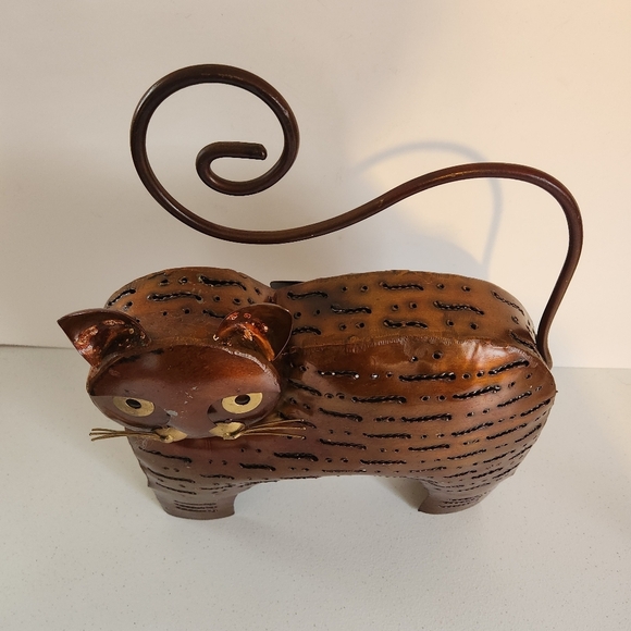 Vintage Folk art Fat Cat Cut Out Bronze Painted Metal Lantern Candle Holder Boho - Picture 3 of 6